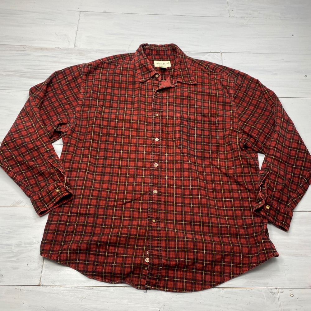 Vintage Eddie Bauer Corduroy Shirt Mens XL Red Plaid Button Down Long Sleeve 90s